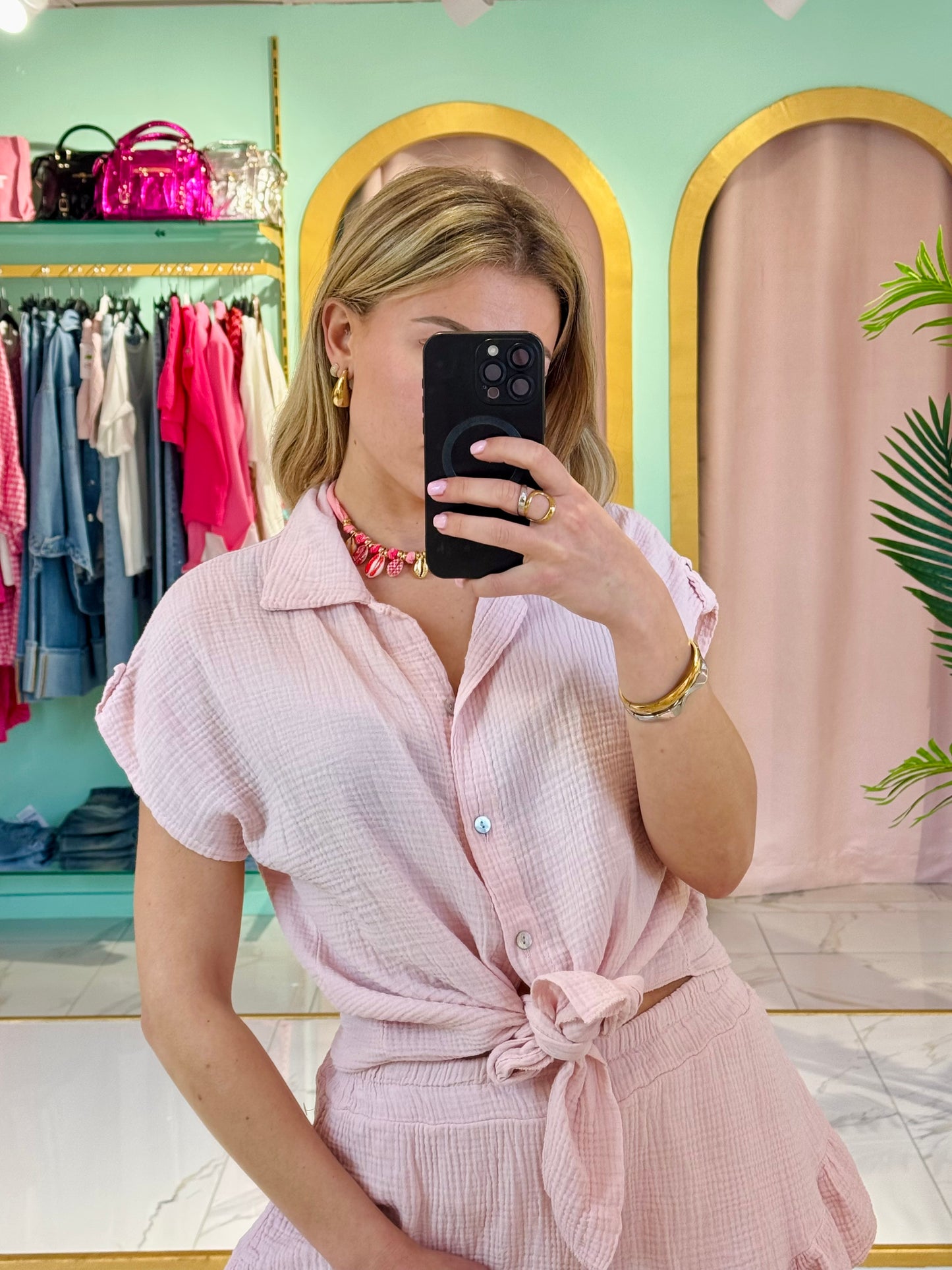 Chemise nouée en gaze de coton – rose pastel