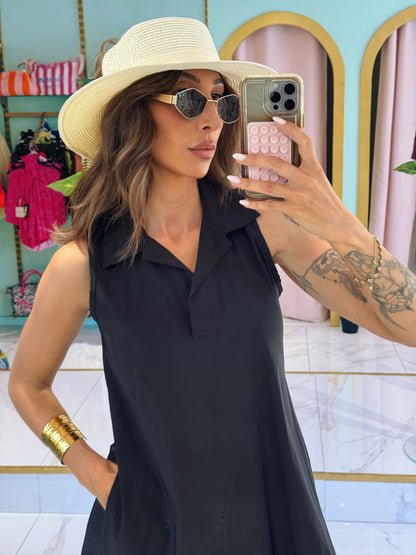 Robe midi col chemise - noire