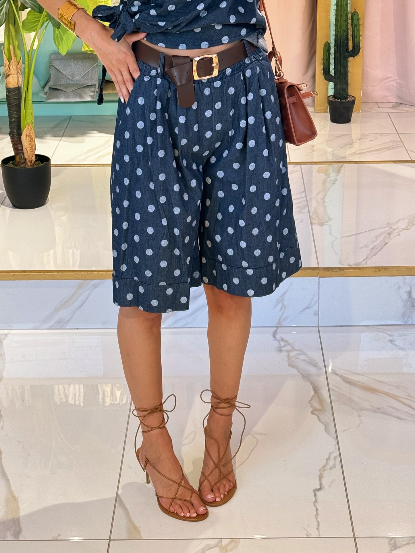 Bermuda à pois Denim Léger & Ceinture Incluse
