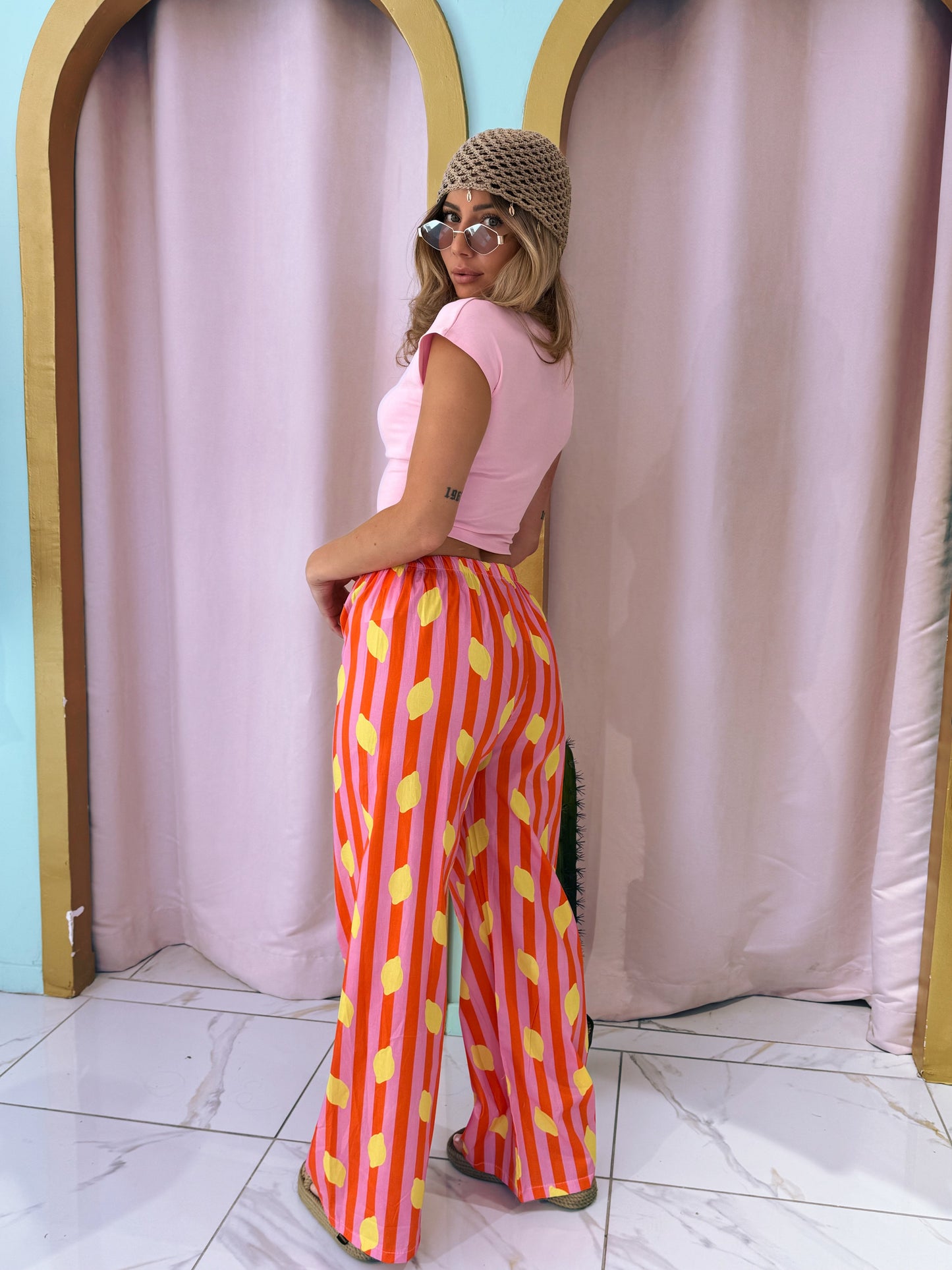 Pantalon rayé citron -orange & rose