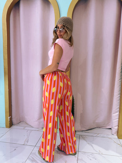 Pantalon rayé citron -orange & rose
