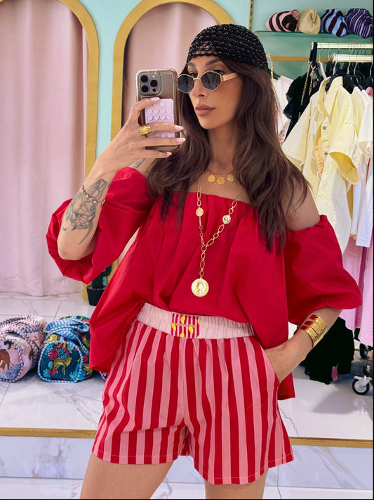 Short façon caleçon rayé rose et rouge