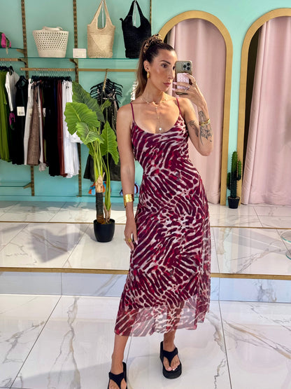 Robe longue dos nu imprimé animal - bordeaux