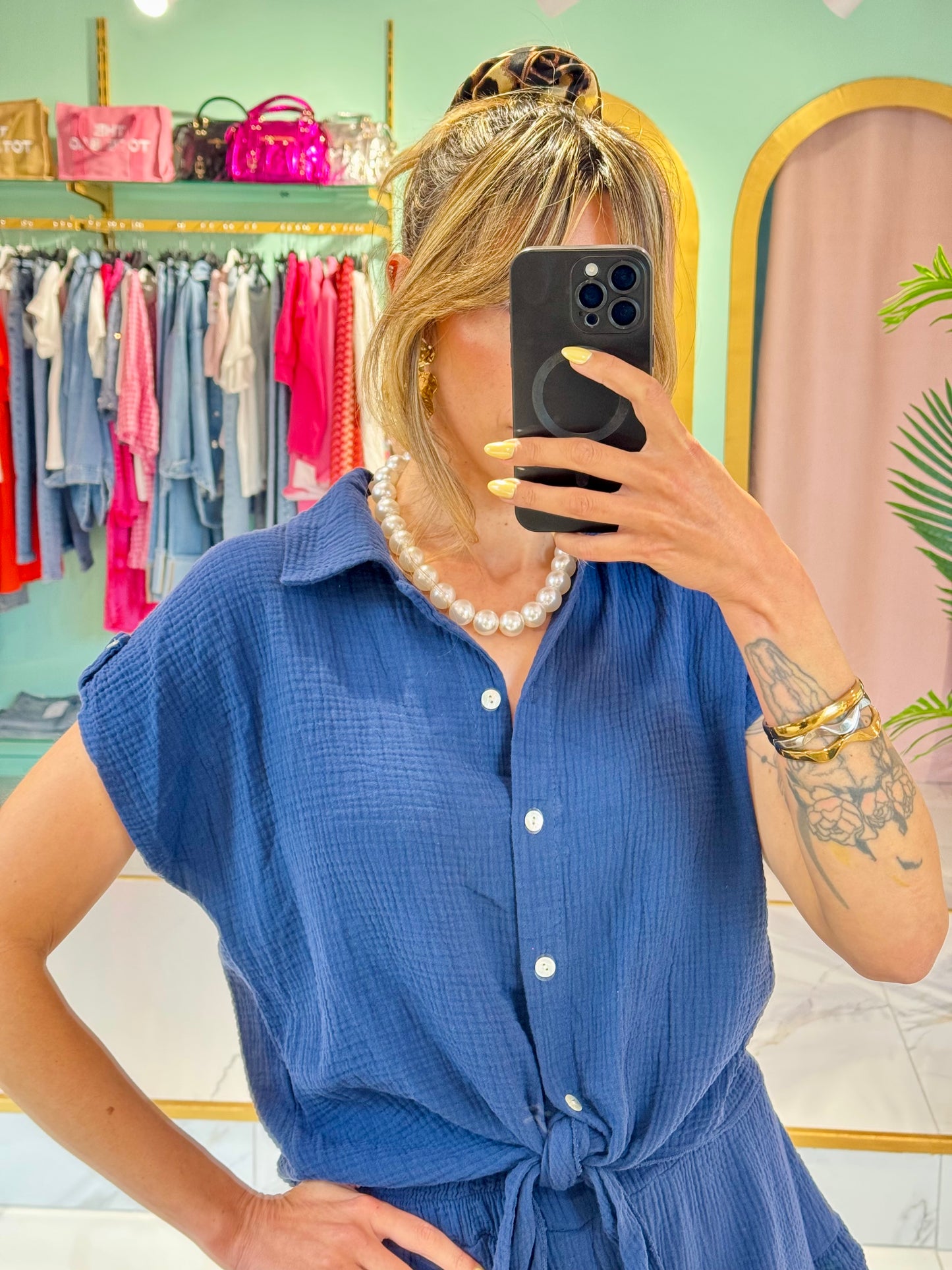 Chemise nouée en gaze de coton – bleu marine