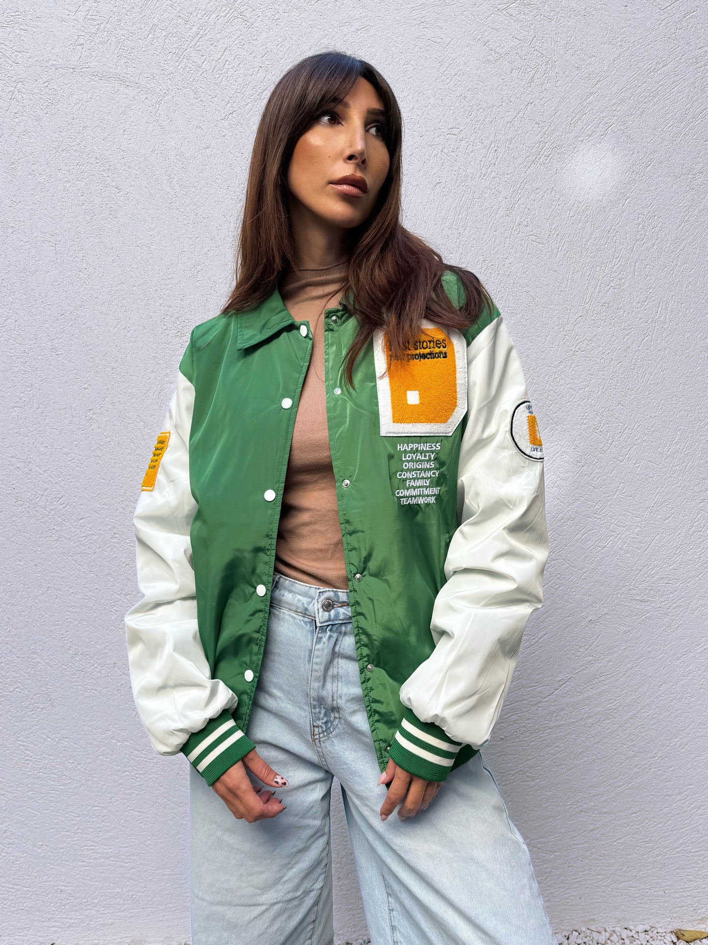 Blouson college brodé bicolore avec poches vert