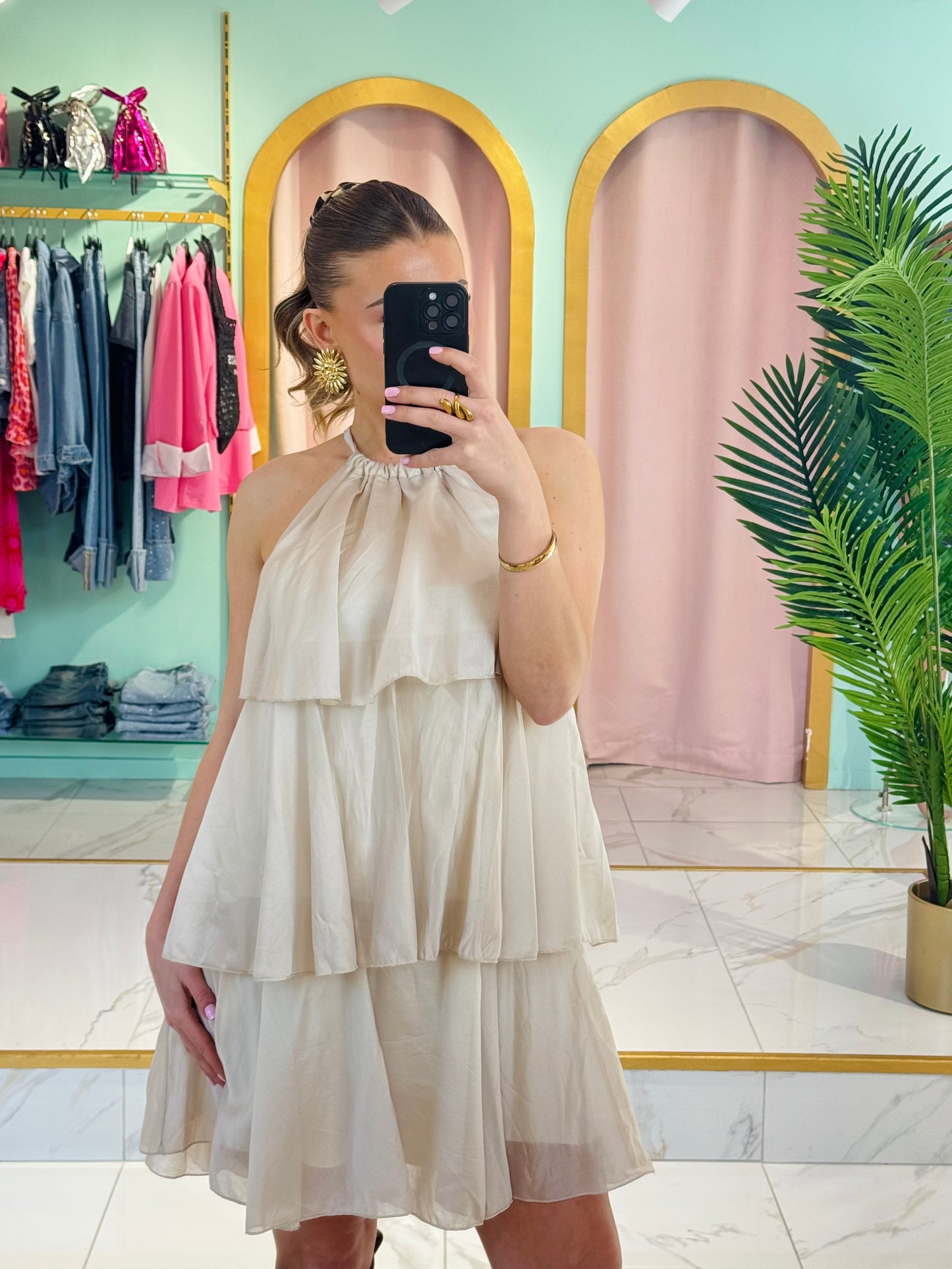 Robe trapèze  à volants beige
