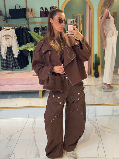 Veste en Jean Maxi Oversize à Épaulettes – Esprit Créateur chocolat