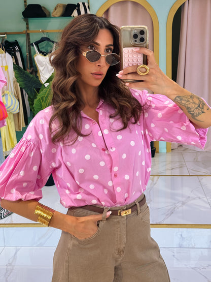 Chemise à pois avec manches bouffantes - rose