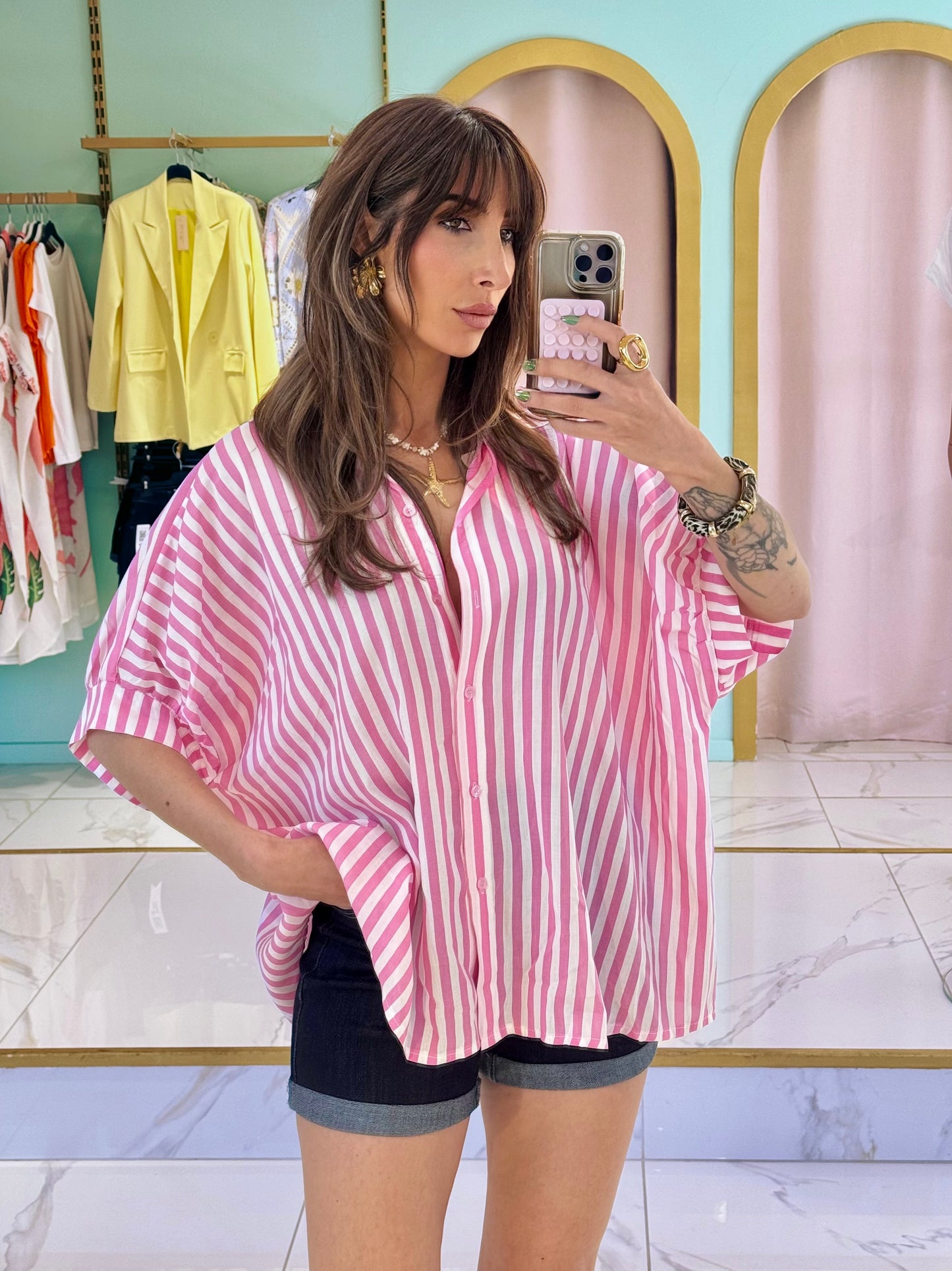 Chemise rayée maxi oversize - rose