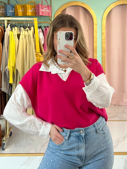 Top en maille à col en V sans manches - rose fushia