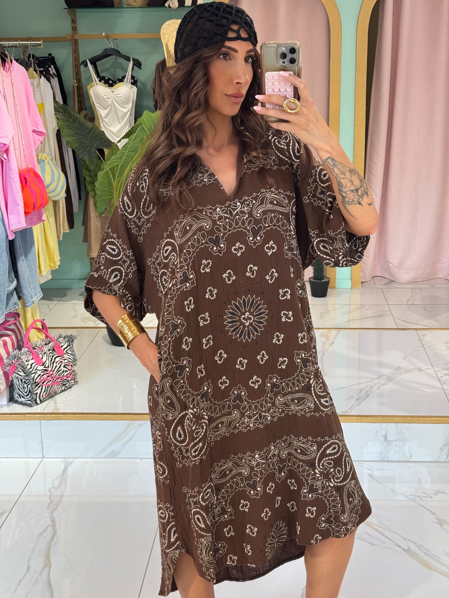 Robe tunique en gaz de coton à motif bandana - chocolat
