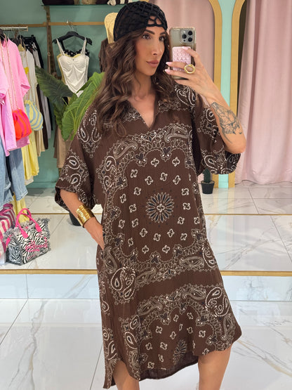 Robe tunique en gaz de coton à motif bandana - chocolat