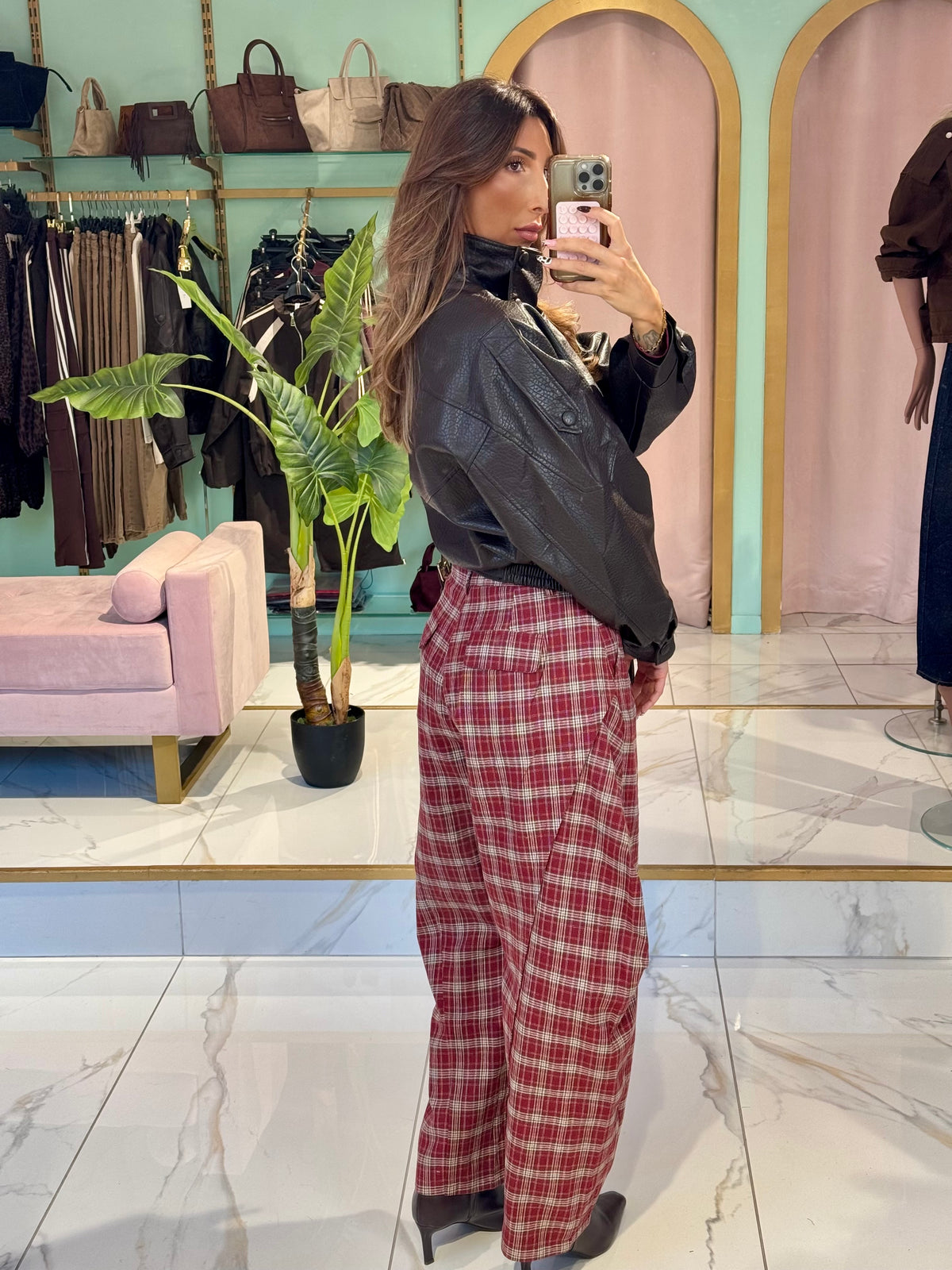✨ Veste Bomber en Simili Cuir Grainé à Col Montant Asymétrique – marron