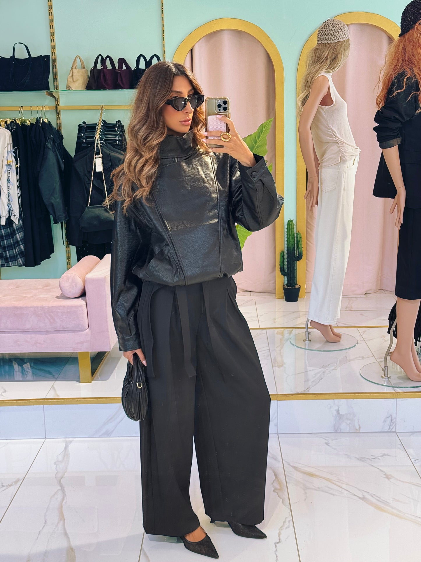 ✨ Veste Bomber en Simili Cuir Grainé à Col Montant Asymétrique – noir