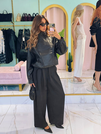 ✨ Veste Bomber en Simili Cuir Grainé à Col Montant Asymétrique – noir