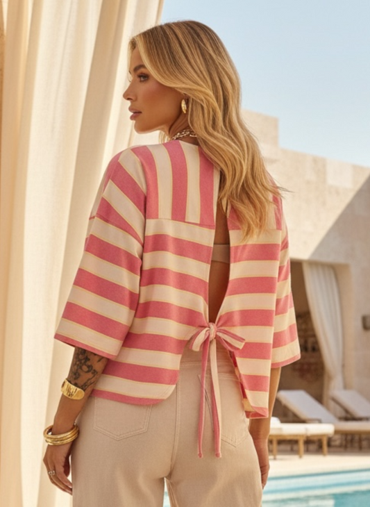 T-shirt ample marinière avec détails dos - rose
