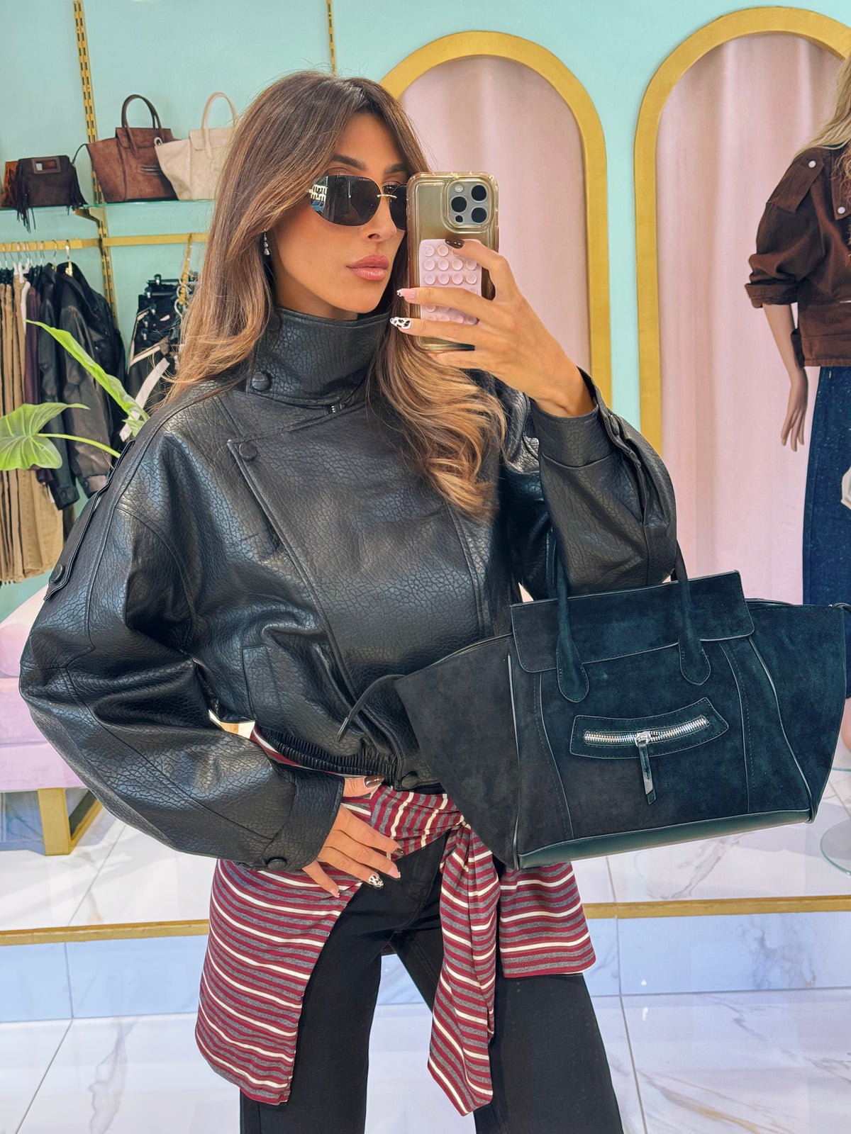 ✨ Veste Bomber en Simili Cuir Grainé à Col Montant Asymétrique – noire