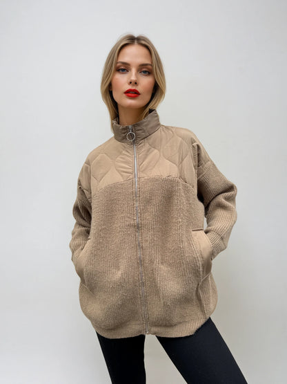 Veste bimatiere matelassée et maille Camel