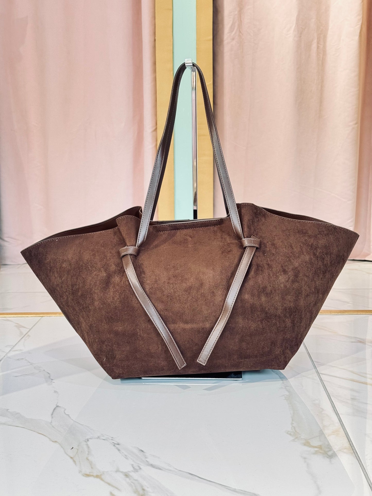 Sac cabas façon nubuck – Grand format avec pochette & bandoulière chocolat