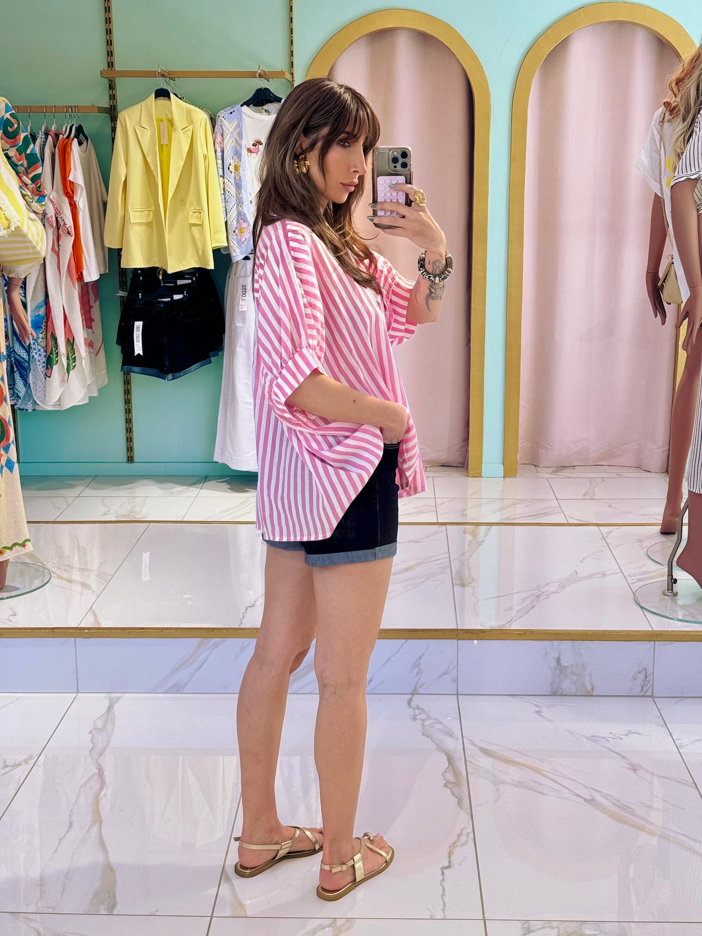 Chemise rayée maxi oversize - rose