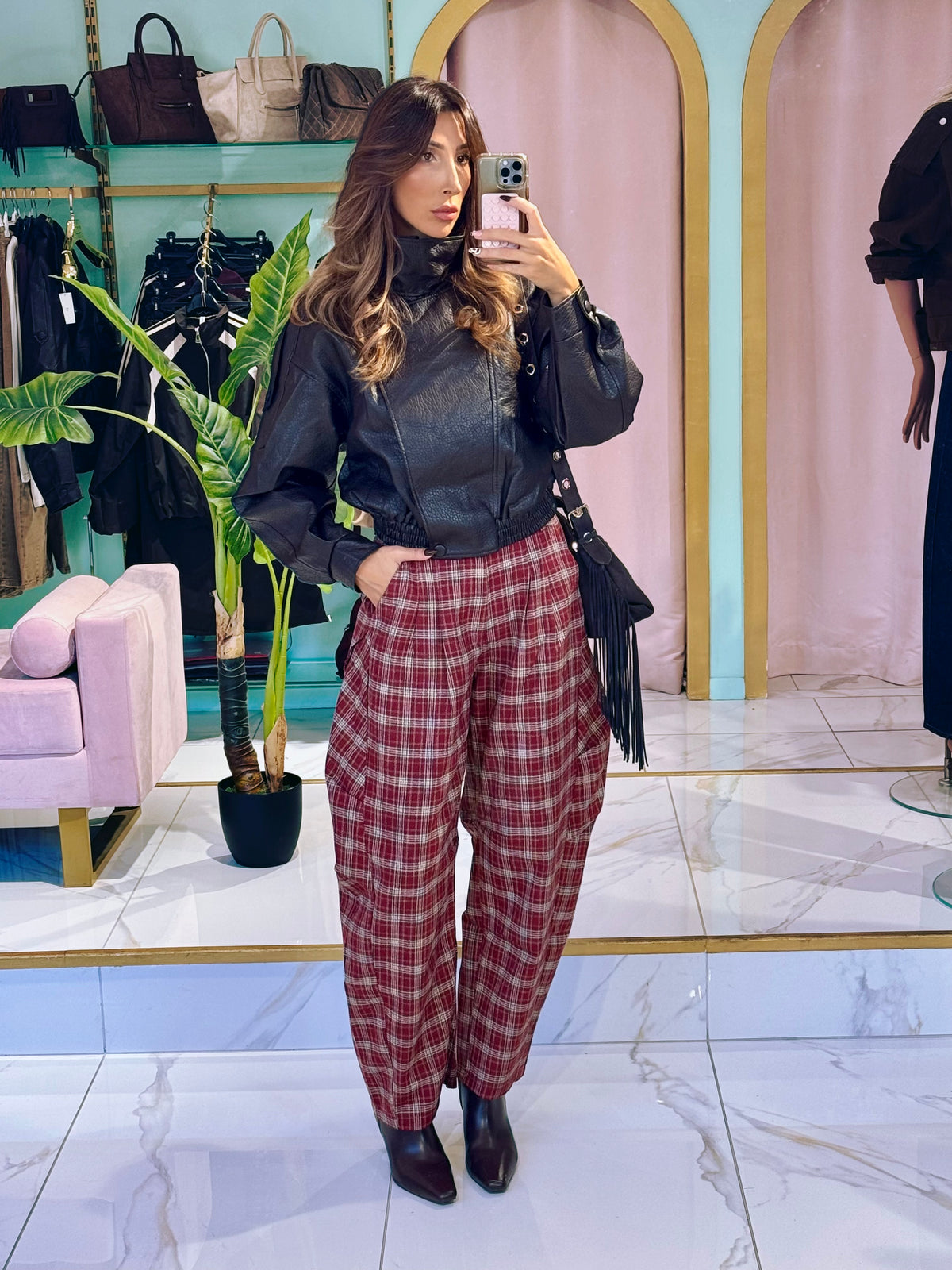 Pantalon à carreaux bordeaux & beige – Coupe ballon