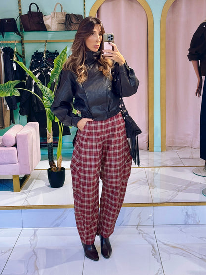 Pantalon à carreaux bordeaux & beige – Coupe ballon