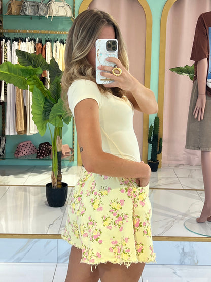 Short en jean maxi loose imprimé liberty - jaune