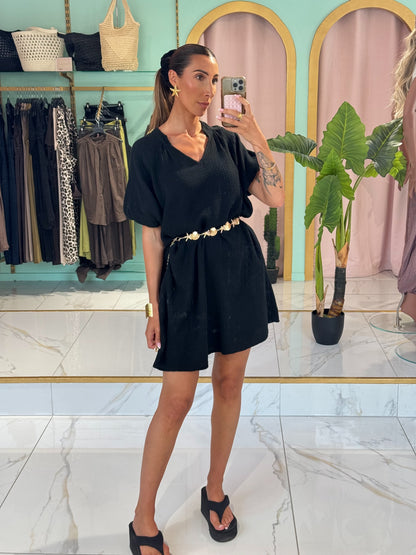 Robe en gaz de coton manches bouffantes - noire