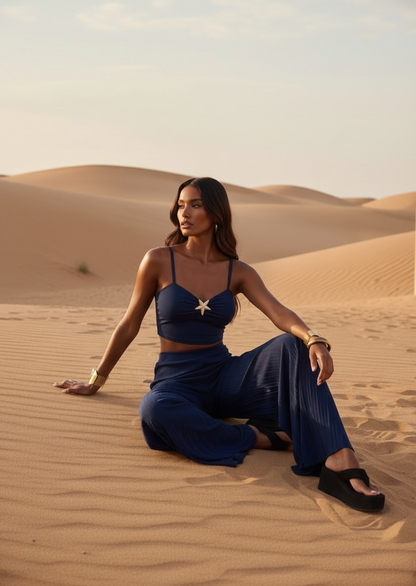 Ensemble top & pantalon palazzo plissé - bleu marine