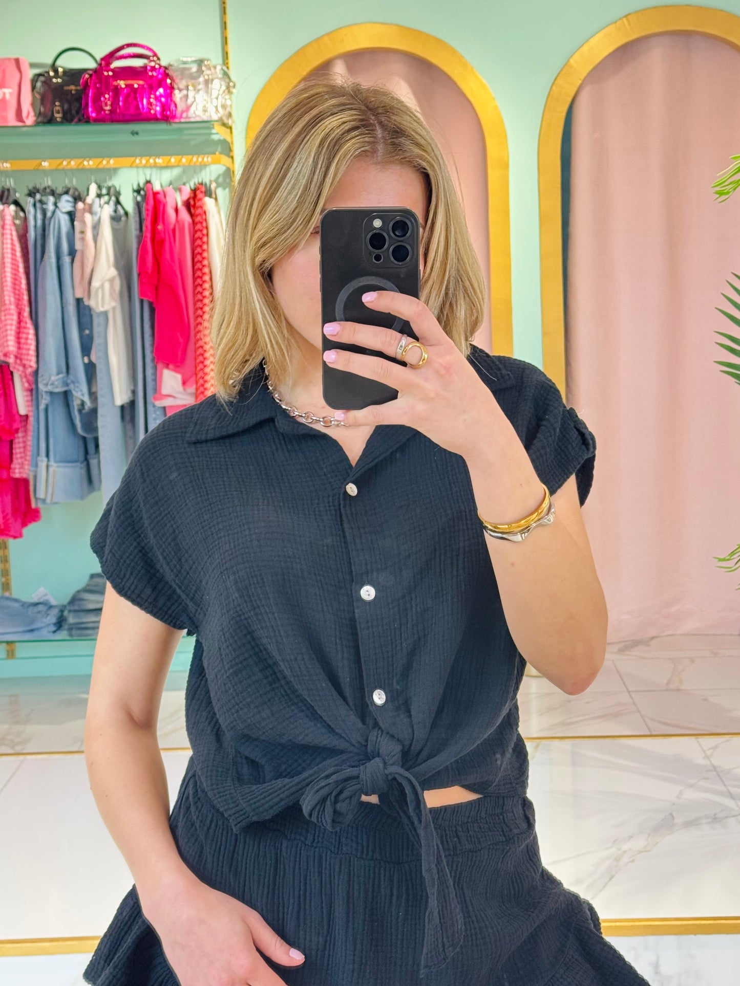 Chemise nouée en gaze de coton – noire
