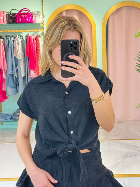 Chemise nouée en gaze de coton – noire