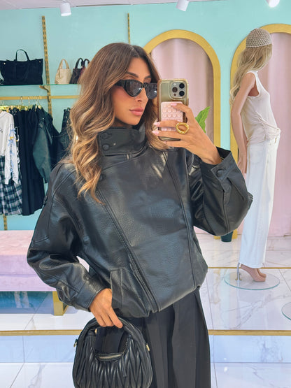 ✨ Veste Bomber en Simili Cuir Grainé à Col Montant Asymétrique – noir