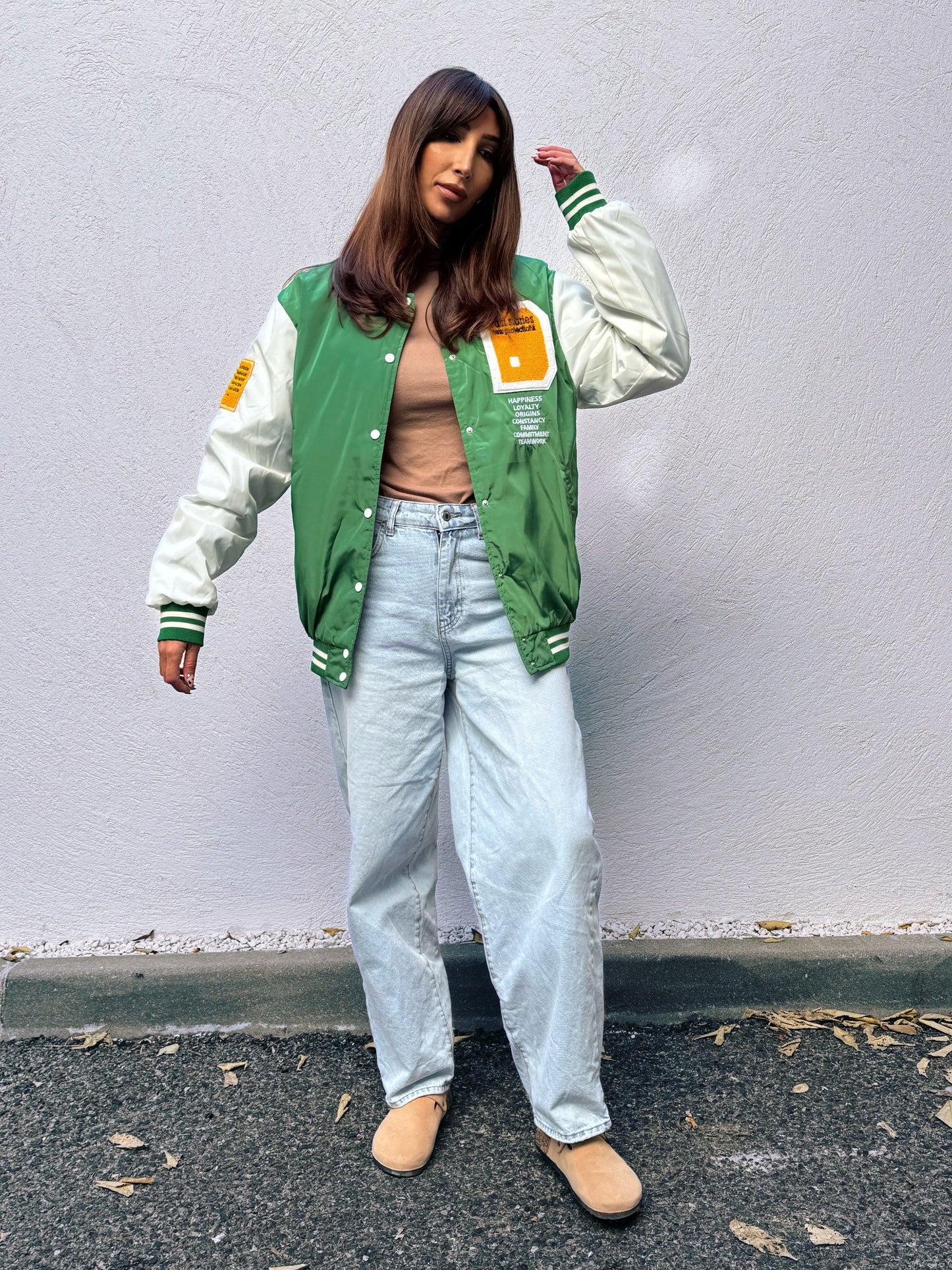 Blouson college brodé bicolore avec poches vert