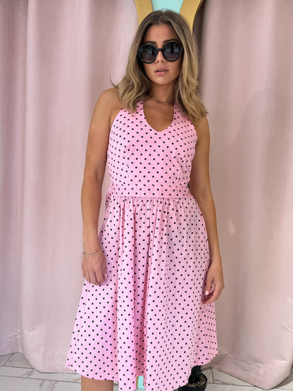 Robe à pois longueur midi en popeline de coton - rose