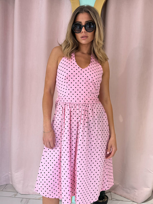 Robe à pois longueur midi en popeline de coton - rose