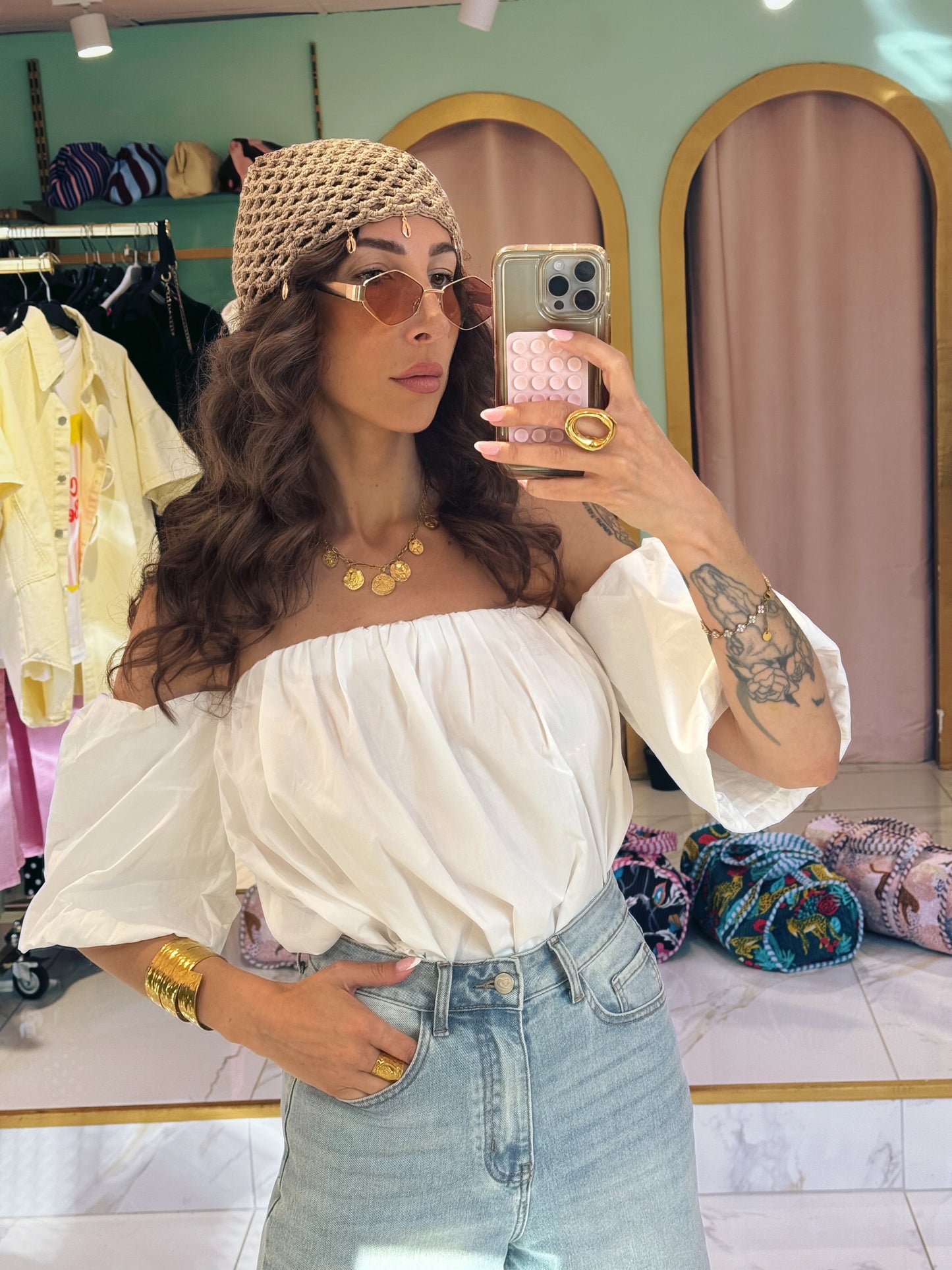 Top en popeline bouffant manche bardot - blanc