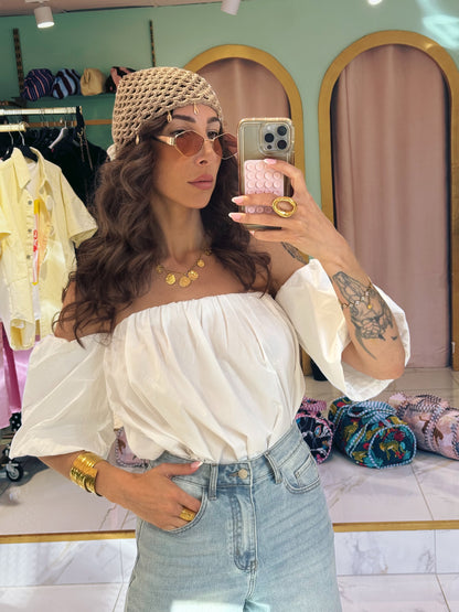 Top en popeline bouffant manche bardot - blanc