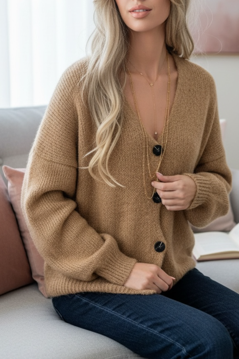 Gilet cocooning en maille manches longues Camel