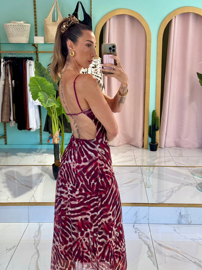 Robe longue dos nu imprimé animal - bordeaux