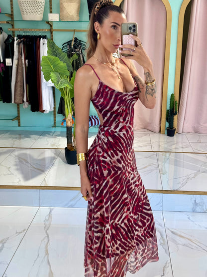 Robe longue dos nu imprimé animal - bordeaux