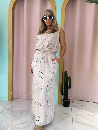 Ensemble top et jupe en gaz de coton à motif bandana- beige