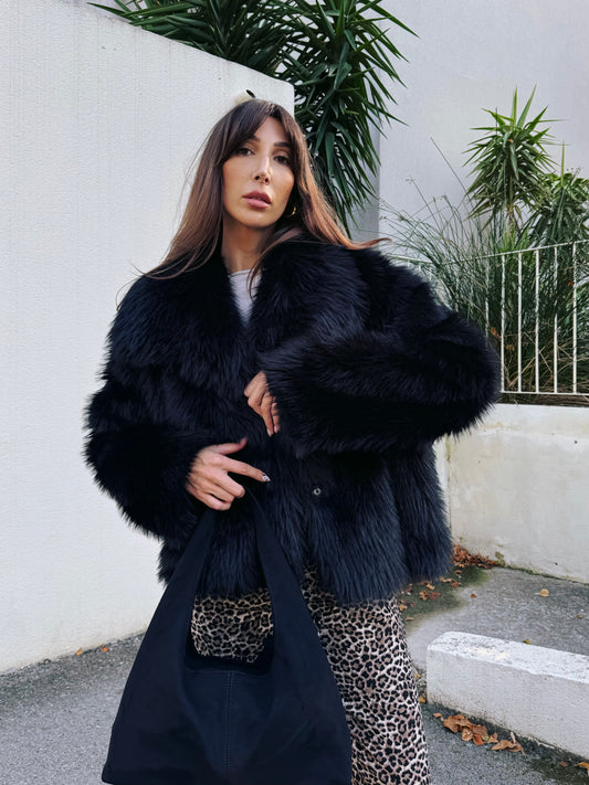 Manteau fausse fourrure noire