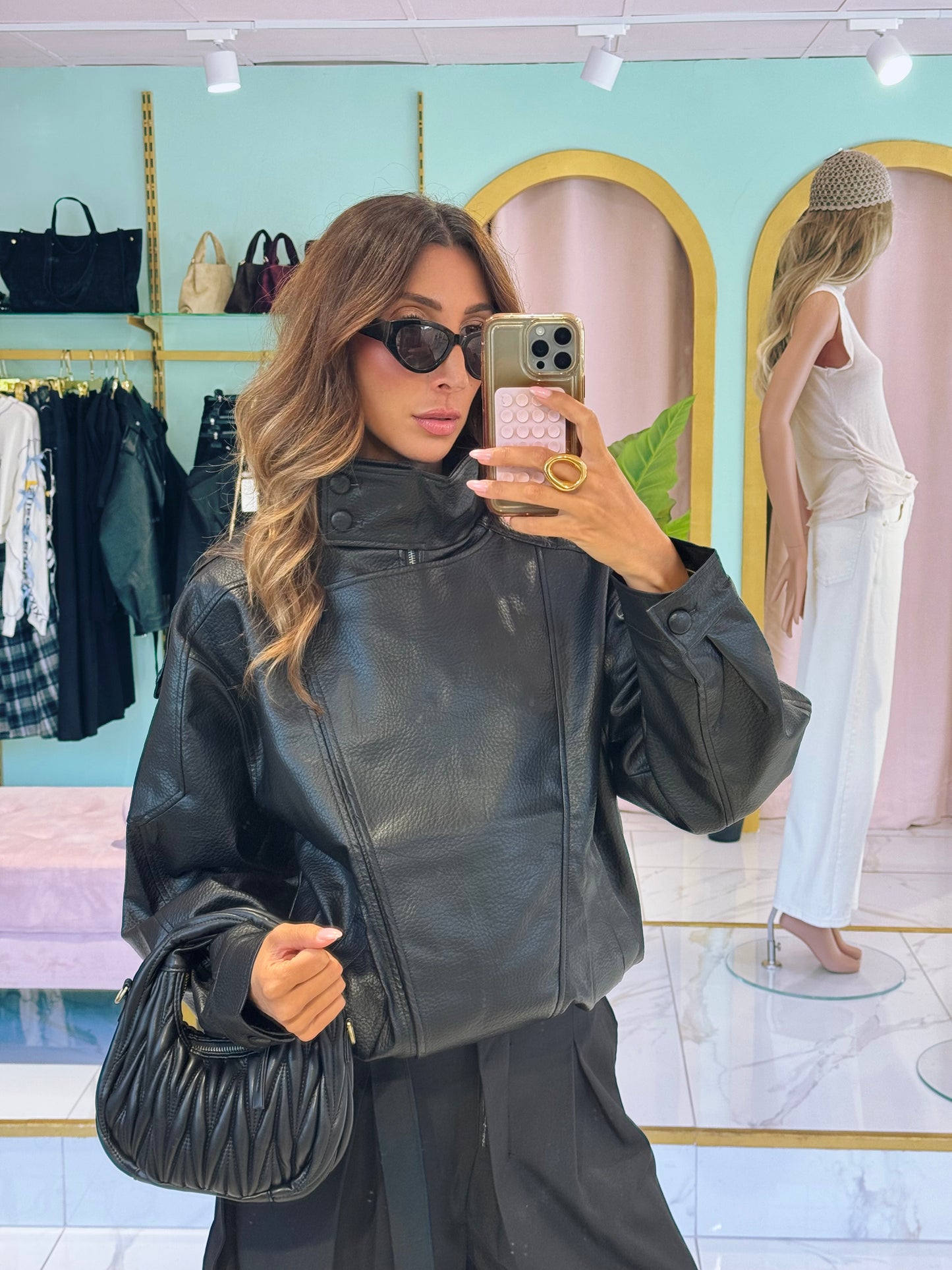 ✨ Veste Bomber en Simili Cuir Grainé à Col Montant Asymétrique – noir