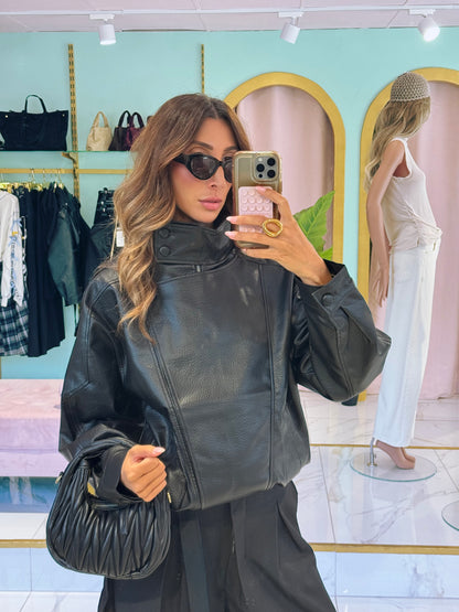 ✨ Veste Bomber en Simili Cuir Grainé à Col Montant Asymétrique – noir