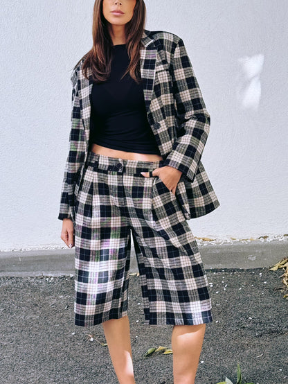 Ensemble veste tailleur & bermuda à carreaux noir