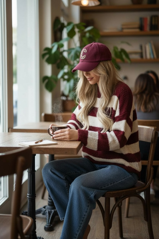 Pull doudou à grosse rayures bordeaux