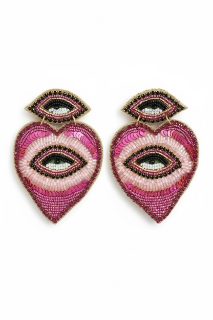 Boucles d’oreilles brodées à la main-coeur de protection rose