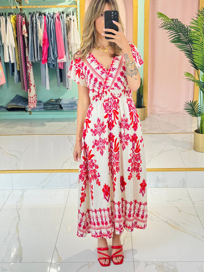 Robe longue cache-cœur à motifs estivaux – coloris fushia et rouge
