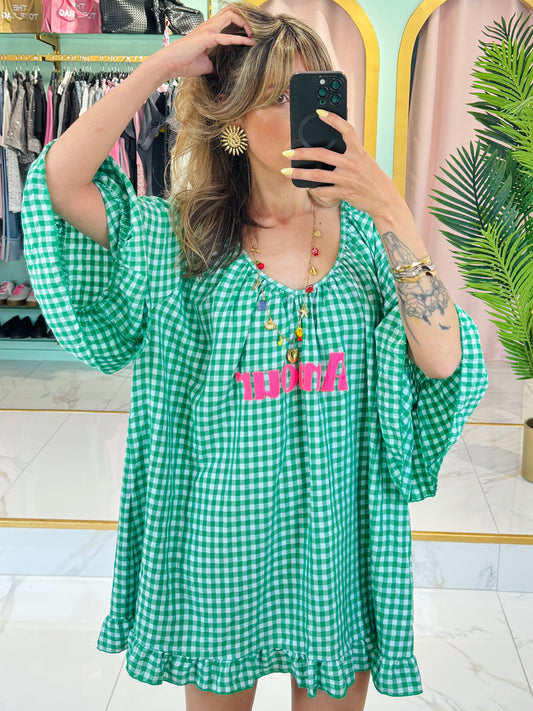 Robe trapèze à carreaux « Amour » – Vert