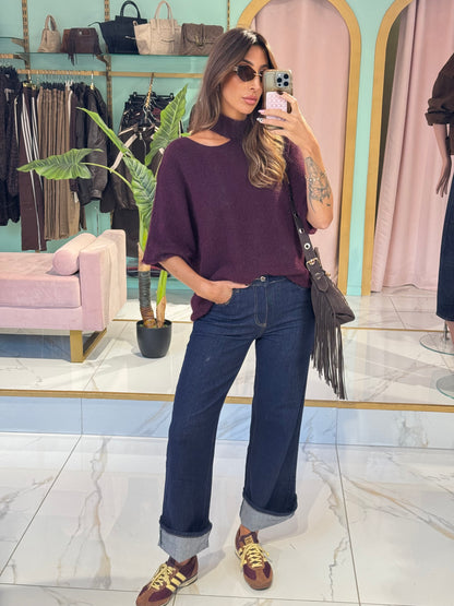 Pull manches courtes en maille col cut - bordeaux / prune